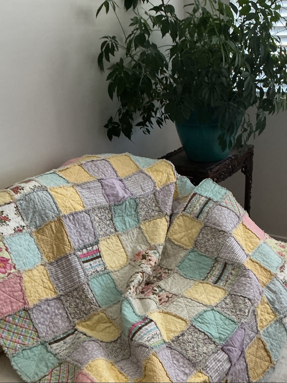 Beautiful Reversible Rag Quilt. Shabby Chic Inspired. Soft Pastels. Great Size.